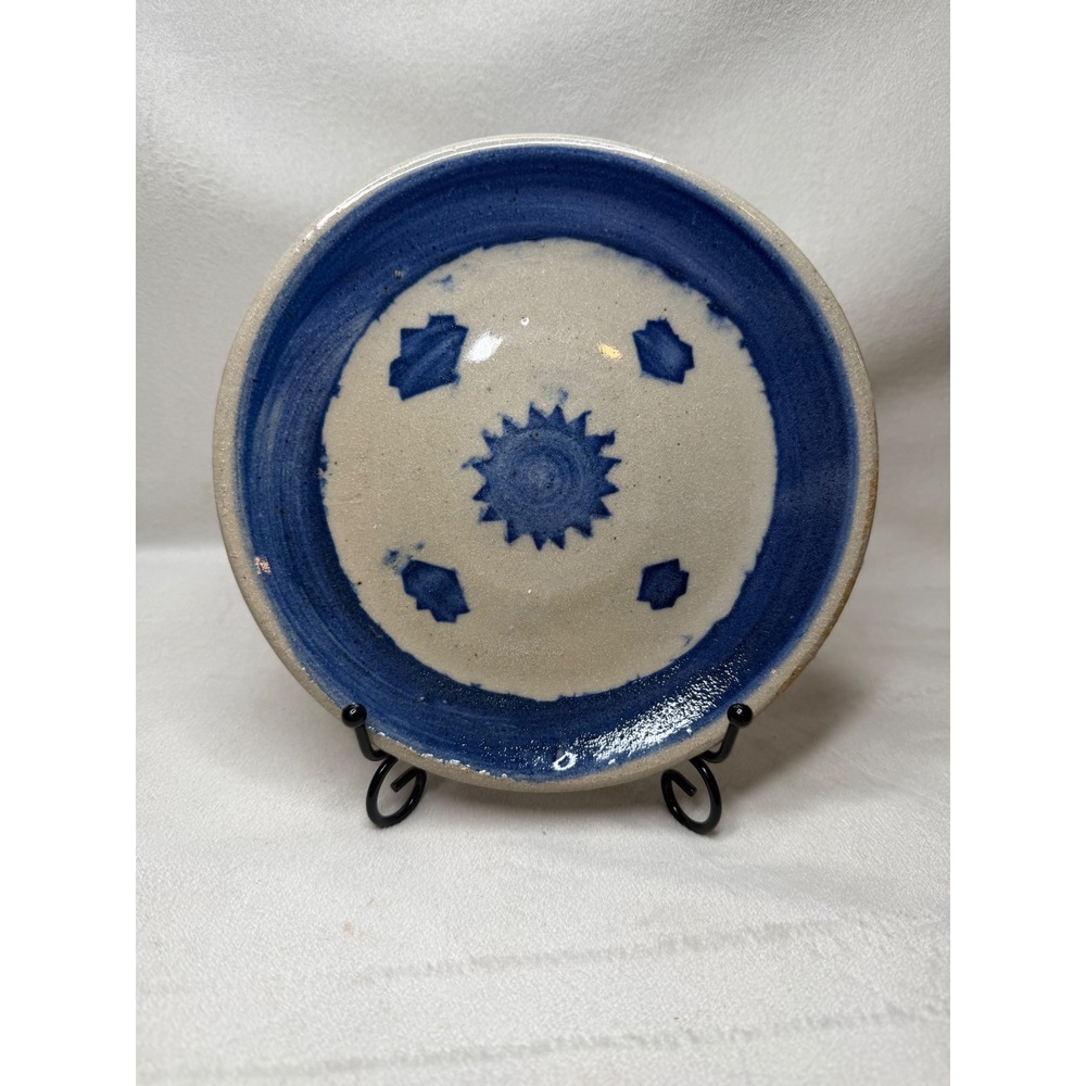 VTG signed Jackie Young Signed Studio Pottery Stoneware Plate 7.5 Blue Folk Art